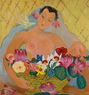 Nude with a bird, a basket of flowers with tulips 1960